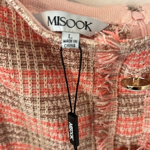 Misook Pink Fringe Trim Tweed Knit Sleeveless Mini A-Line Dress Size Large - Picture 4 of 6